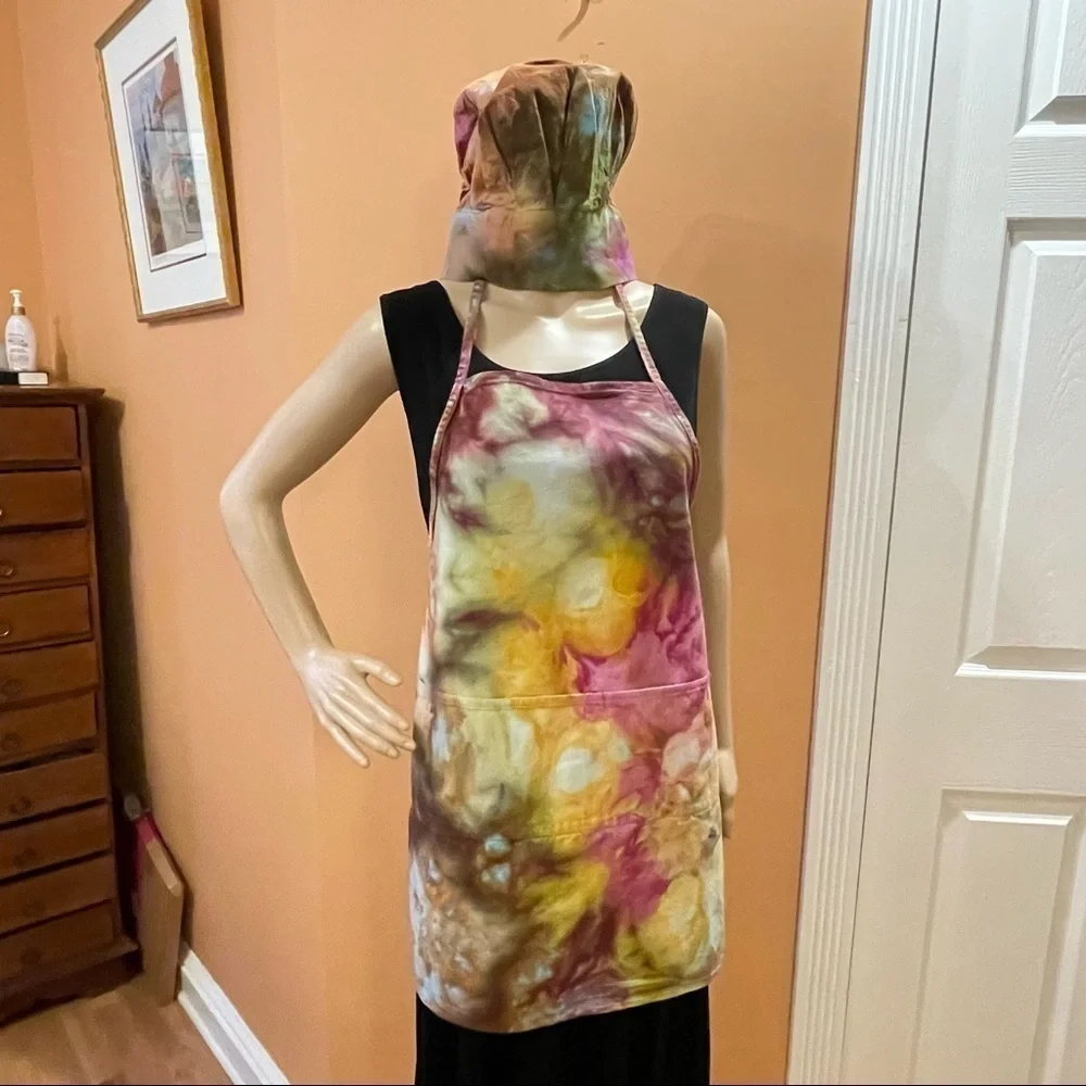 Tie Dye adult unisex apron four pocket matching toque chef's hat earth tones